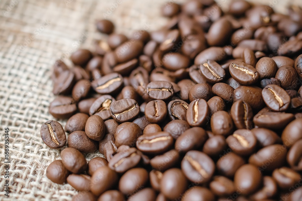 Obraz premium A Rich and Aromatic Collection of Roasted Coffee Beans Spread Beautifully on a Rustic Jute Fabric Background