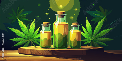 Glass bottles of essential oils and herbal medicine with natural leaves on a white background