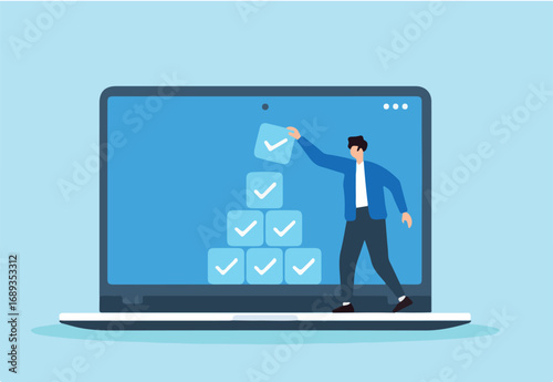 Flat illustration of freelancer stacking completed tasks like building blocks in virtual workspace to represent productivity and project organization
