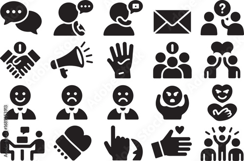 Communication and emotion icons black and white set