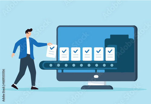 Flat illustration of remote worker filling checklist containers on digital conveyor belt to represent task batching and workflow automation