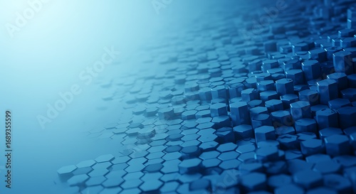 Abstract 3D rendering of a futuristic blue hexagonal surface, representing data visualization and network technology concepts