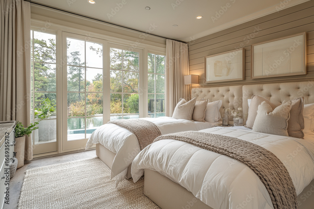 Fototapeta premium beds in a bedroom with large windows.