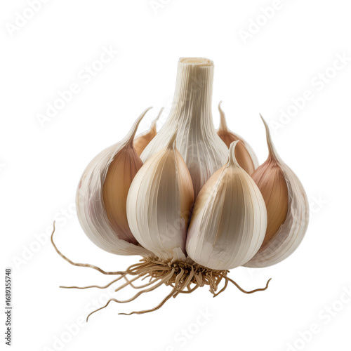 Fresh garlic bulb with roots and papery skin cloves