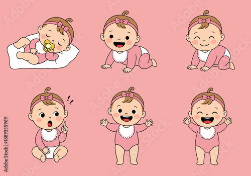 Illustration of six expression baby girl, vector design