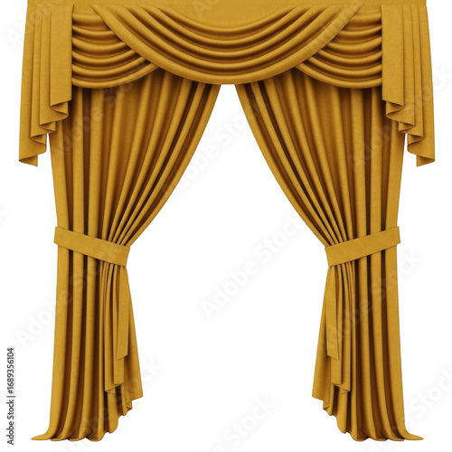 Elegant golden drapes with swagged valance window treatment for a luxurious interior transparent background