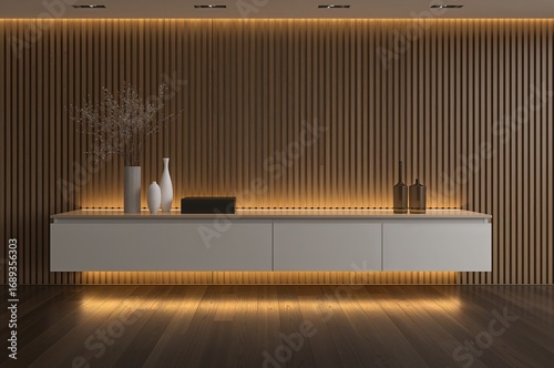 Modern Minimalist TV Console with Strip Lighting and Fluted Wall