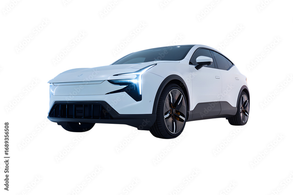 Fototapeta premium Blue car isolated on white background showing side view of automobile