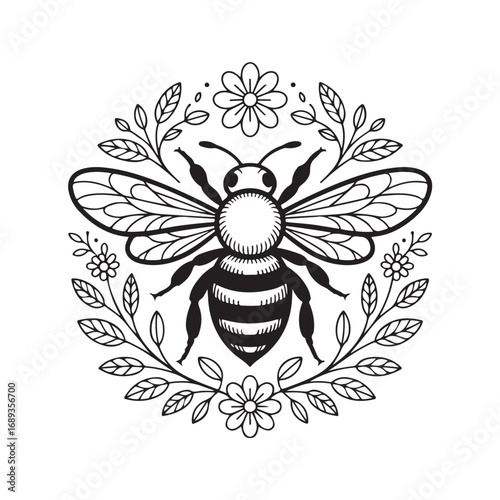 Decorative bee surrounded by floral elements