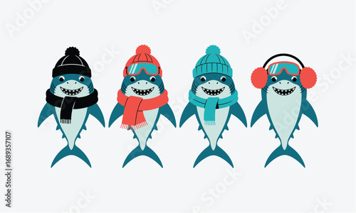 our Cute Cartoon Sharks in Winter Gear – Fun Illustrations of Sharks Wearing Hats, Scarves, and Earmuffs for Christmas, Holiday Designs, and Kids' Educational Materials