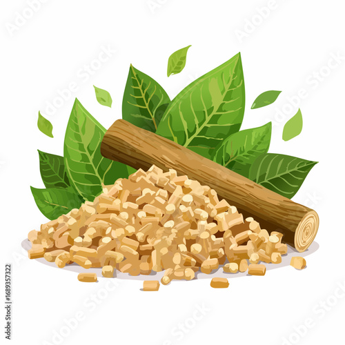 Bûches et granulés de bois, copeaux, végétation, arrière plan blanc, concept ressource naturelle, écologie