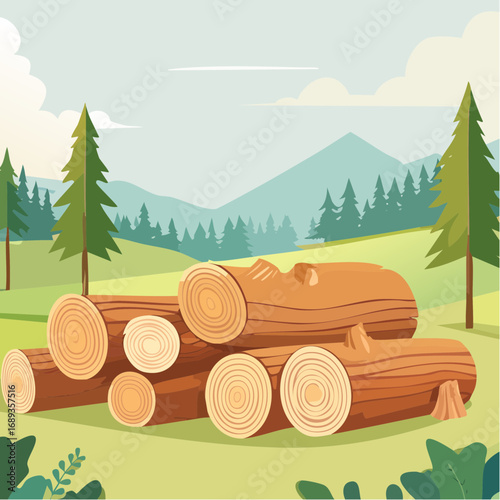 Petit tas de bois, bûches de bois empilées, paysage bucolique, nature, sapins, montagnes, vallée