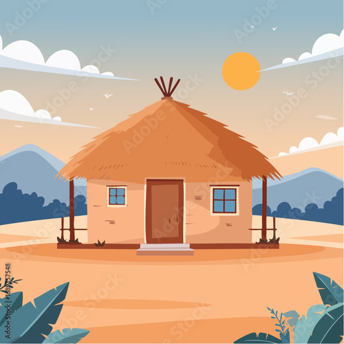 Petite maison en terre et toiture en paille, paysage bucolique, style minimaliste, construction naturelle, durable, écologique