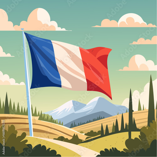 Drapeau français qui vole au vent, dans un décor bucolique, extérieur, nature, campagne