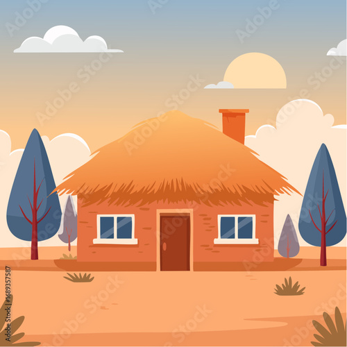 Petite maison en terre et toiture en paille, paysage bucolique, style minimaliste, construction naturelle, durable, écologique