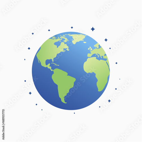 Notre planète Terre, océan bleu, continents verts, entouré de petites étoiles, arrière plan blanc