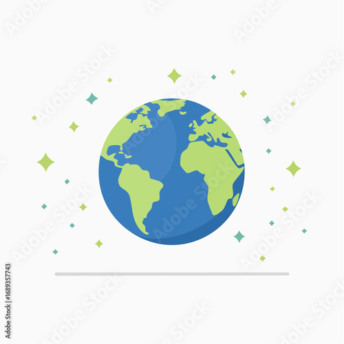 Notre planète Terre, océan bleu, continents verts, entouré de petites étoiles, arrière plan blanc
