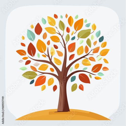 Très bel arbre coloré, tonalités automnales, arrière plan clair uni, feuillage