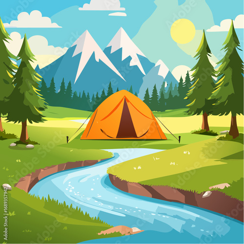 Paysage bucolique, camping sauvage, nature, extérieur, tente,  rivière, montagne, soleil