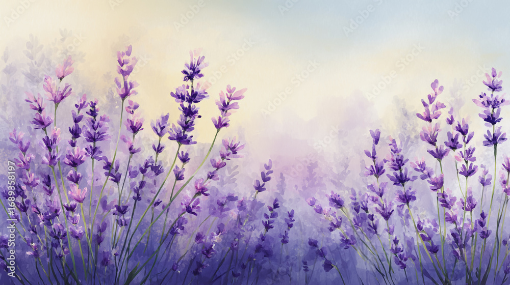 Naklejka premium Elegant wedding invitation card background watercolor pictures Natural little a Lavender flower field in a lifestyle style expressing wonder with pastel floral shades and golden lighting harmony