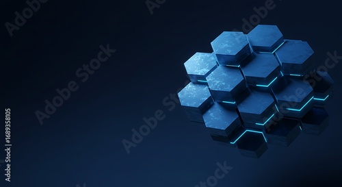 A dark technological background featuring an abstract cluster of hexagons illuminated with blue neon light, symbolizing a futuristic data hive or network