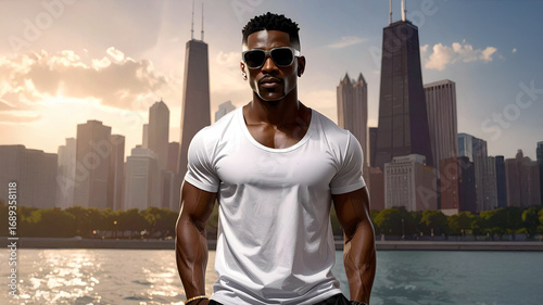 Determined Confident US Rap Star from Chicago USA standing proud in fron of the urban skyline of Chicago represnting the region and his rapper skills