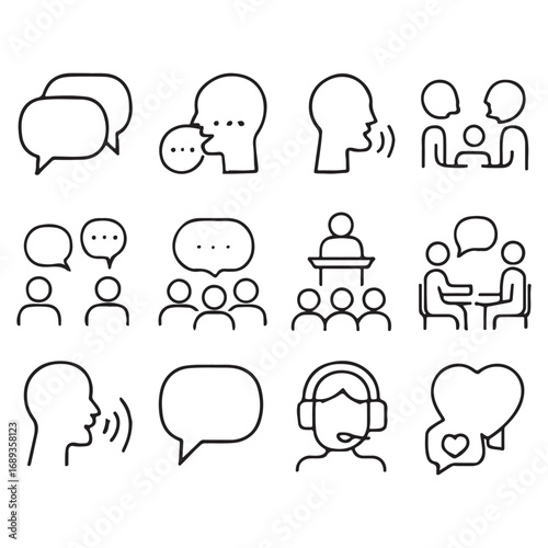 Speaking icon set. Containing dialogue, communication, talk, speech, discussion, chat, conference, meeting,
 voice, speech bubble, support