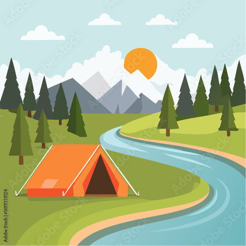 Camping au bord de la rivière, paysage bucolique