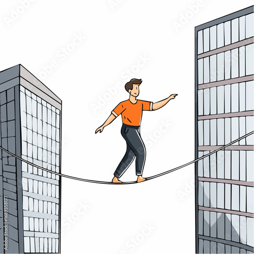 Illustration naïve, simple et colorée d'un funambule marchant sur un fil tendu entre deux immeubles, arrière plan blanc 