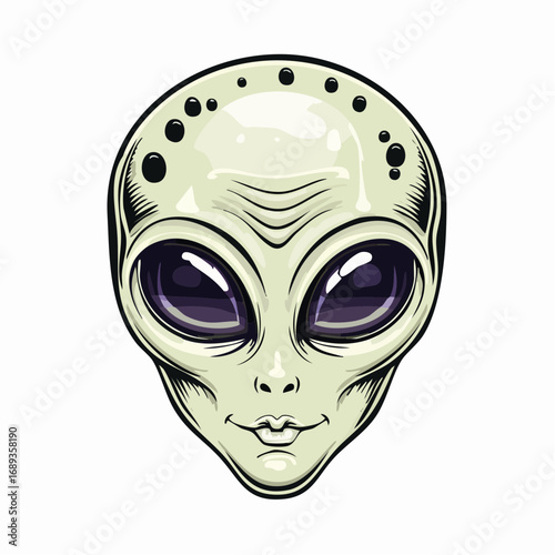 Sublime visage d'extraterrestre, vert, grands yeux, isolé, arrière plan blanc 