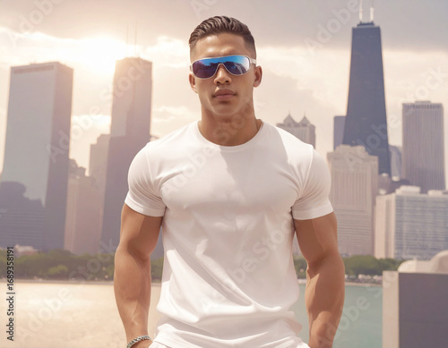 Handsome young American Rap Star Rapper standing ibefore Chicago and its skyline impressing with his determination and selfconscious attitude