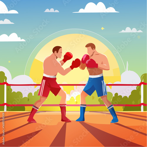 Combat de boxe, illustration naïve, coloré, extérieur