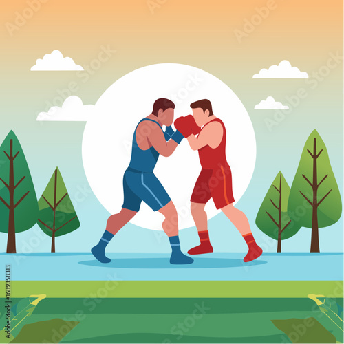 Combat de boxe, illustration naïve, coloré, extérieur