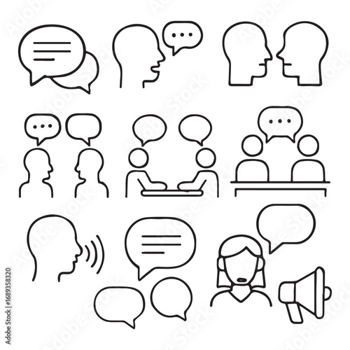 Speaking icon set. Containing dialogue, communication, talk, speech, discussion, chat, conference, meeting,
 voice, speech bubble, support