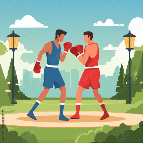 Combat de boxe, illustration naïve, coloré, extérieur