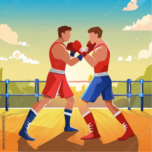 Combat de boxe, illustration naïve, coloré, extérieur
