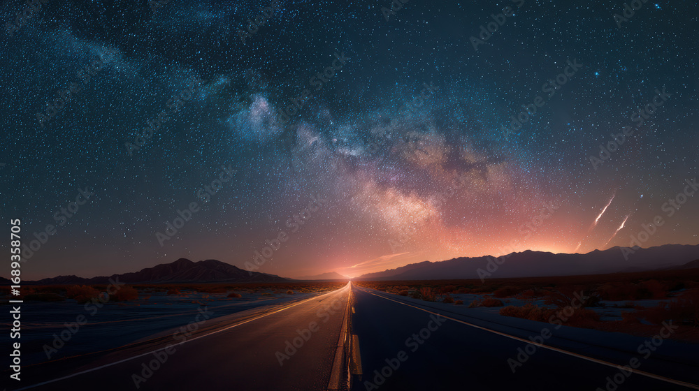 Fototapeta premium Mesmerizing Nighttime Desert Highway Under Star-Studded Sky with Milky Way Galaxy Illuminating the Horizon