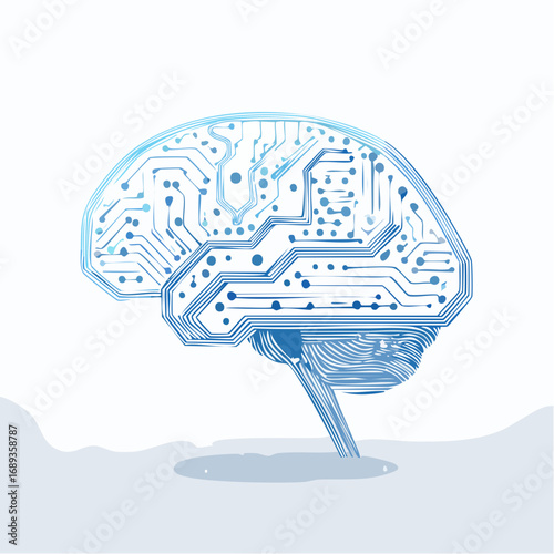 Magnifique cerveau numérique artificiel, symbole, couleur bleutée, arrière plan blanc, concept