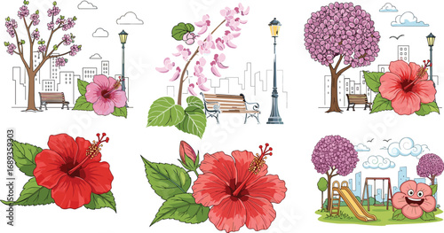 "Colorful hibiscus flowers in scenic urban park landscapes with benches, streetlamps, playgrounds, and blooming trees, charming botanical seasonal vector art"