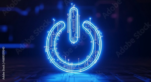 A striking, 3D rendering of a glowing power button design.
