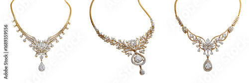 Set of Stunning floral diamond necklace on white background, sparkling diamonds, elegant composition, luxury product photography on transparent png background. Ai generated