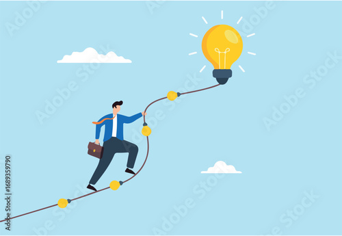 Flat illustration of businessman climbing rope made of glowing lightbulbs toward big solution peak representing expert-driven progress and inspirational success 