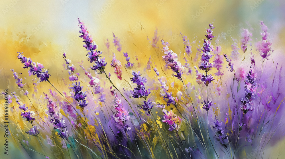 Naklejka premium Elegant wedding invitation card background watercolor pictures Natural little a Lavender flower field in a lifestyle style expressing wonder with pastel floral shades and golden lighting harmony