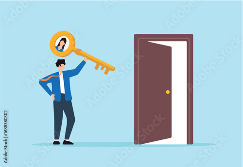 Flat illustration of human resource manager unlocking opportunity door with candidate key to represent job interview and new hire evaluation in recruitment process