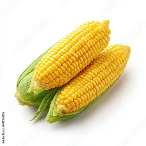 A close-up shot of three fresh corn on the cob with green leaves