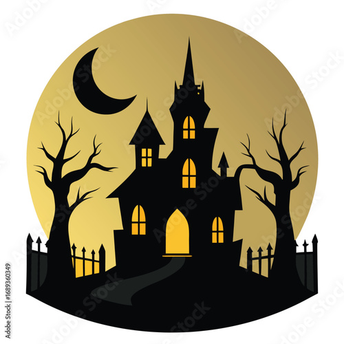 Spooky haunted house silhouette with moon and trees Keywords: haunted house, halloween, spooky, scary, ghost