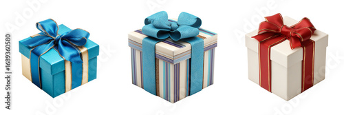 Set of White box with elegant blue ribbon on transparent png background. Ai generated