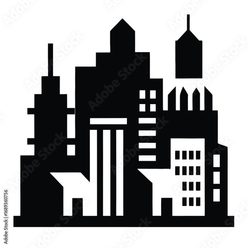Black silhouette of a dense cityscape with modern and classical architectural elements