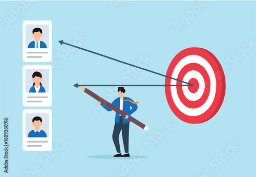 Flat illustration of human resource manager aiming arrows from candidate profiles toward target board to represent job interview selection and recruitment focus