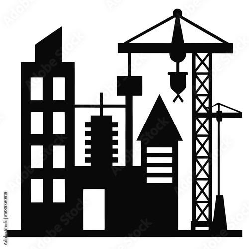 Construction Site Silhouette with Buildings and Cranes vector illustration